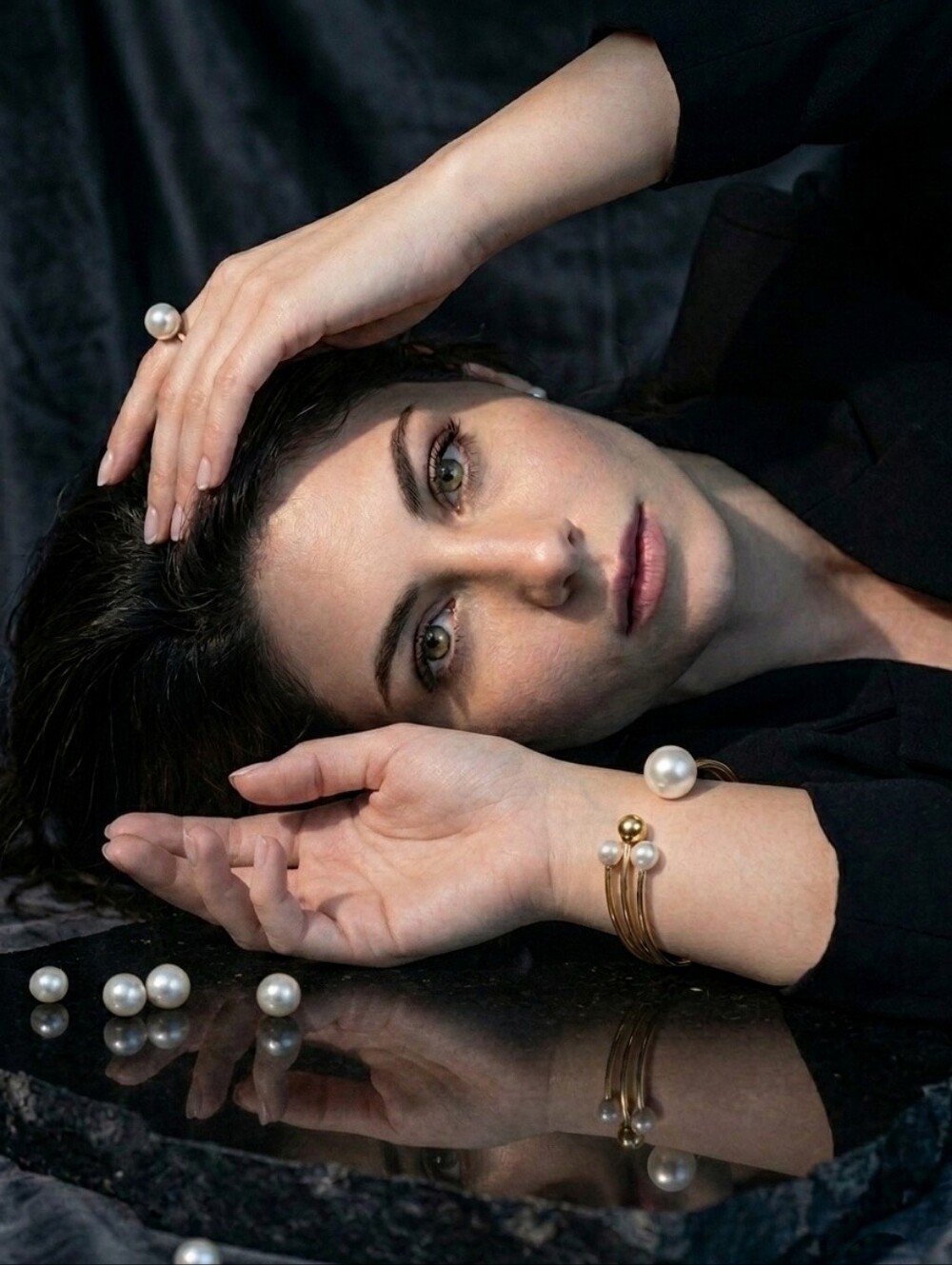 Faux Pearl Open Cuff Bracelet 14K Gold Plated Stainless Steel Stud Earrings Set - Picture 9 of 15